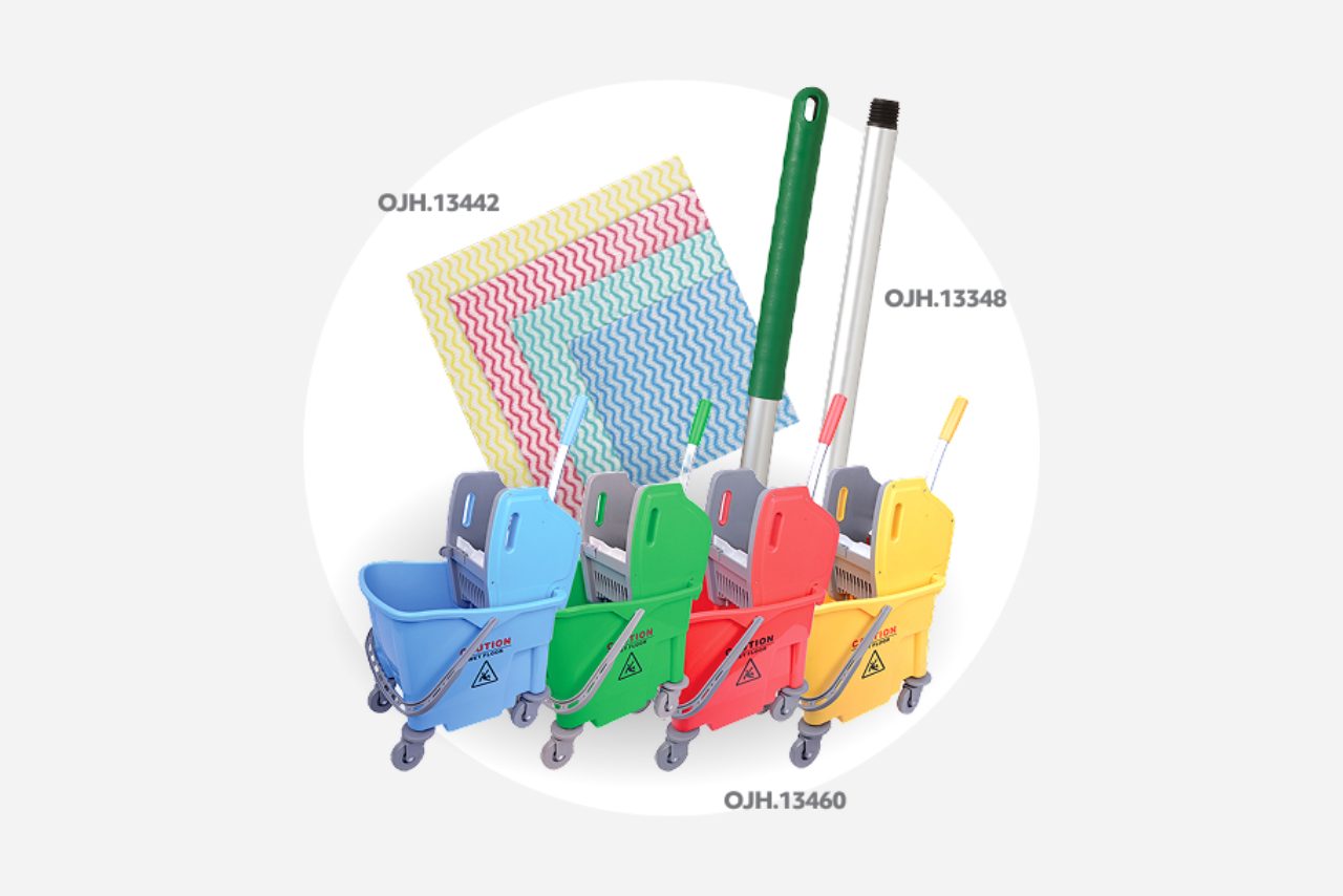 Colour-coded cleaning equipment.
