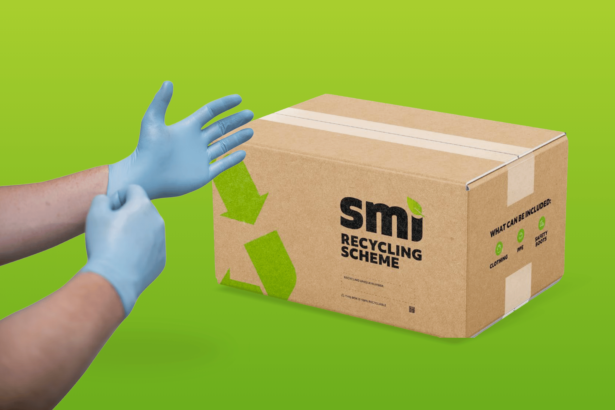 Reusable gloves beside an SMI recycling box.