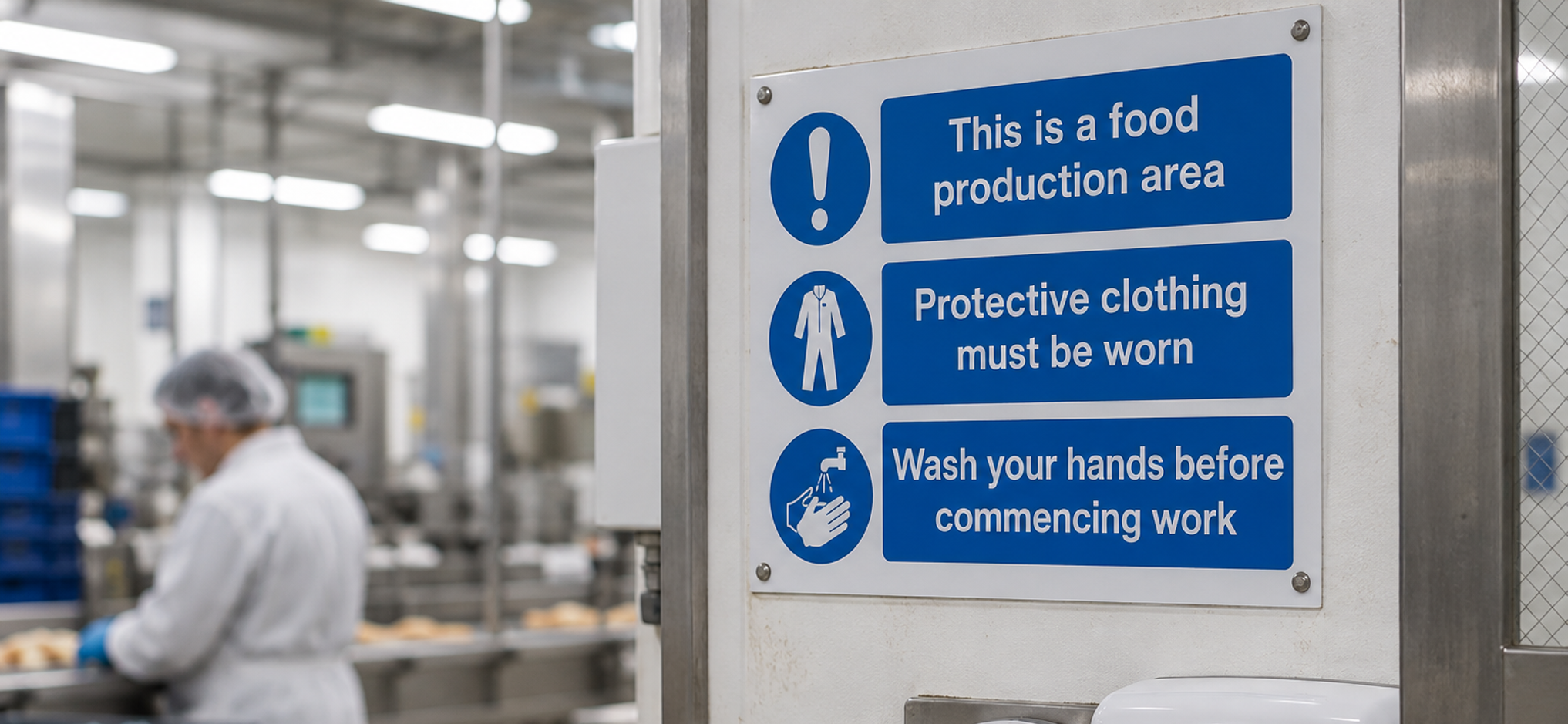 Food production safety signage reminding workers to wear protective clothing and wash their hands before starting work.