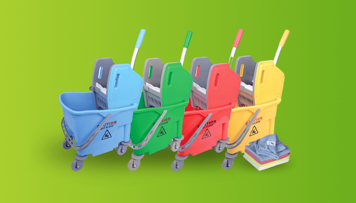 Colour-coded cleaning equipment.